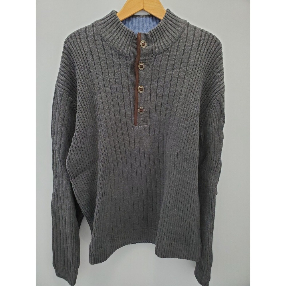 Orvis 4 Button Sweater Mens XL Heathered Brown Ribbed‎ Mock Neck 100% Cotton